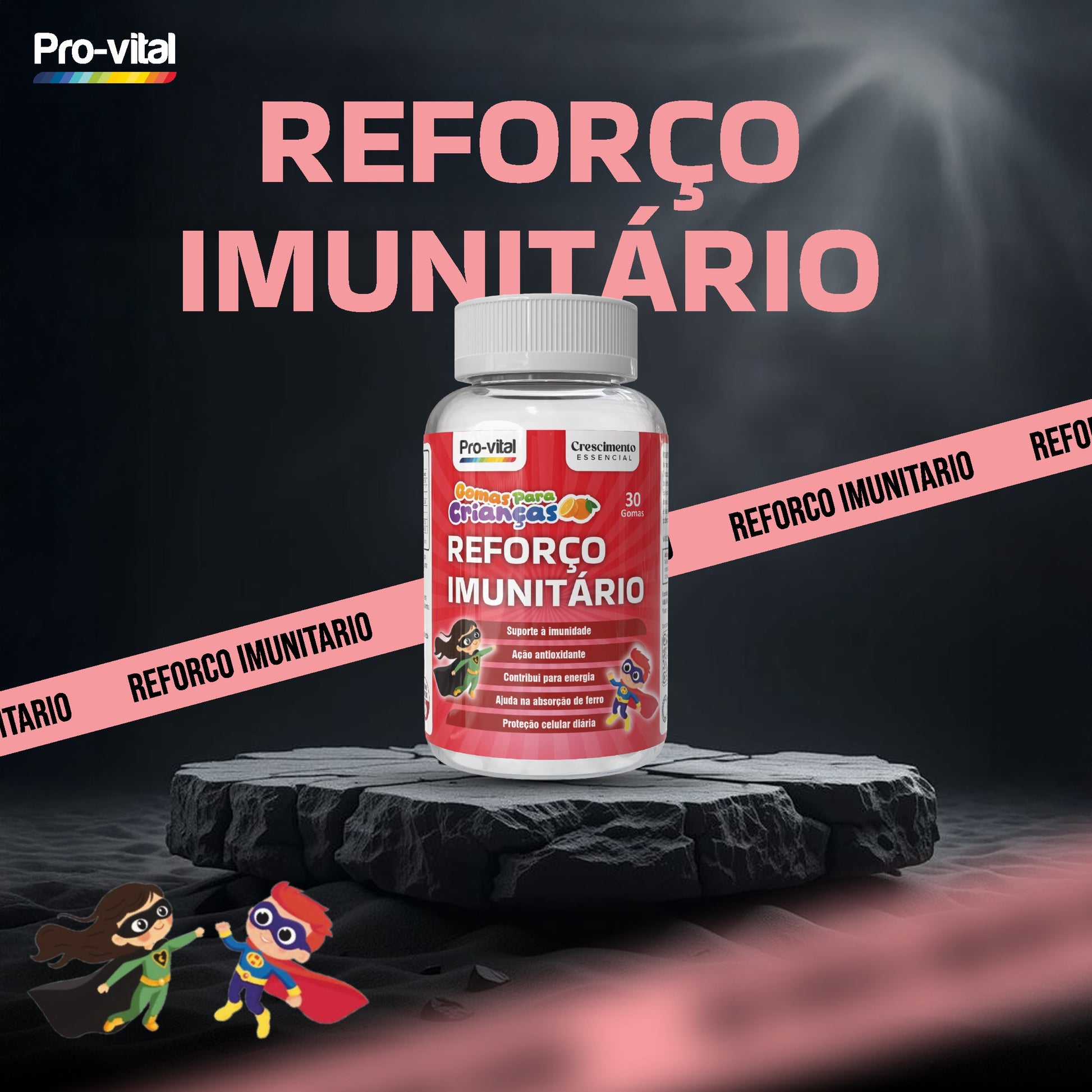 Gomas Reforço Imunitário Pro-Vital para crianças, suplemento com Vitamina C e ação antioxidante, frasco de 30 gomas para imunidade forte.