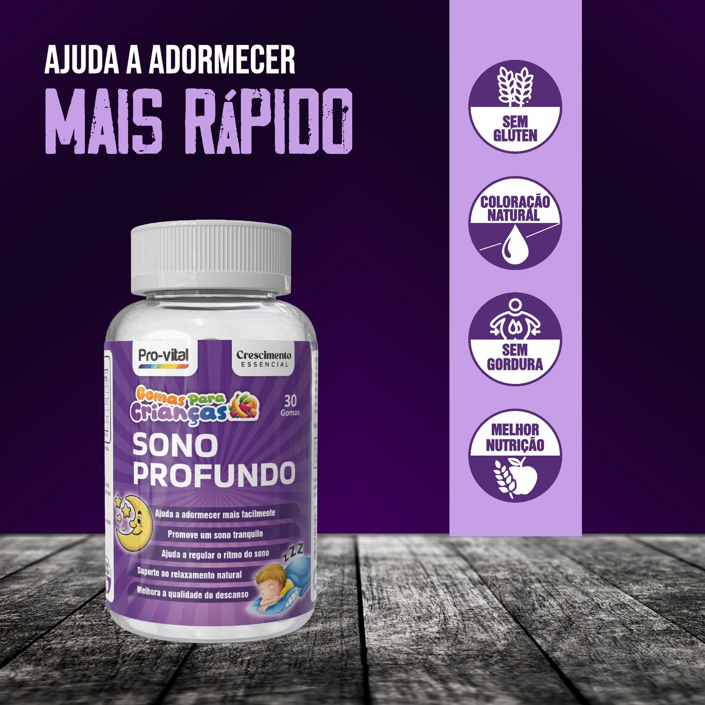Benefícios das Gomas Sono Profundo: sem glúten, sem gordura, coloração natural e nutrição melhorada para ajudar a adormecer mais rápido.