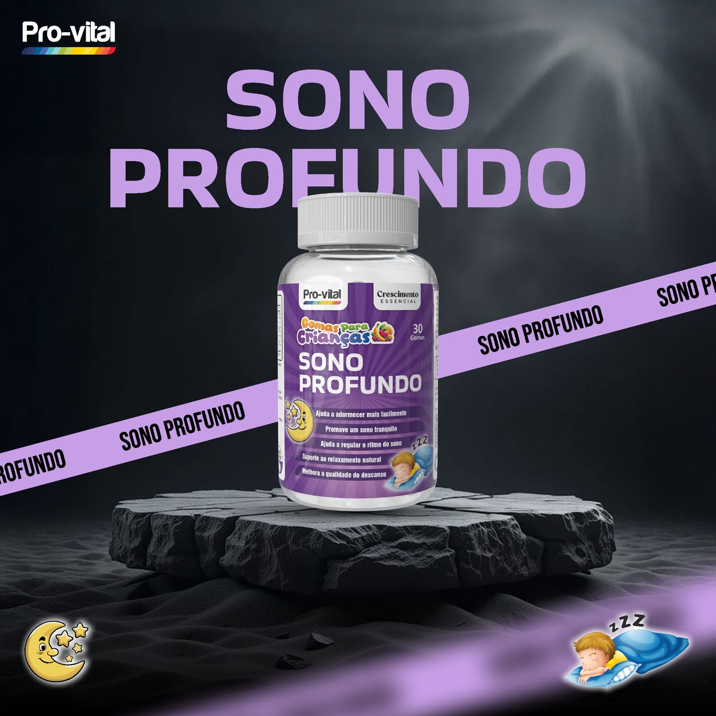 Gomas Sono Profundo Pro-Vital para crianças, suplemento de melatonina 1mg com 30 gomas para um descanso tranquilo.