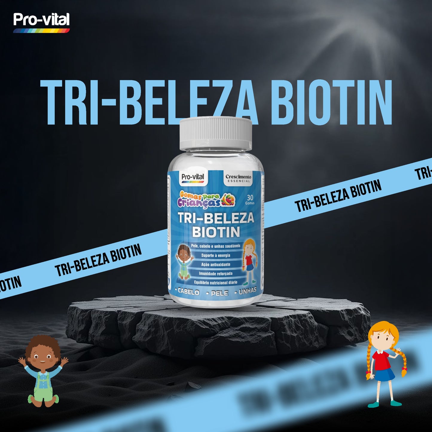 Gomas Tri-Beleza Biotin Pro-Vital para crianças, suplemento para fortalecimento de cabelo, pele e unhas com 30 gomas.