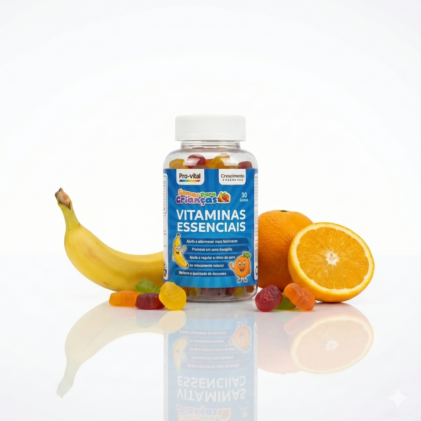Apresentação das Gomas Vitaminas Essenciais Pro-Vital com frutas frescas, destacando a nutrição completa, fácil e saborosa para o dia a dia.
