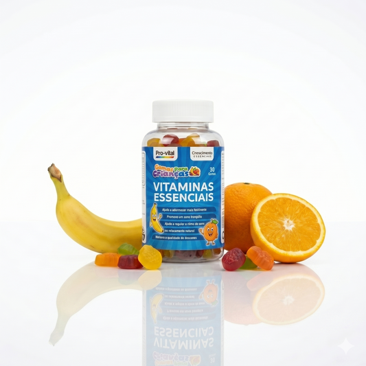 Apresentação das Gomas Vitaminas Essenciais Pro-Vital com frutas frescas, destacando a nutrição completa, fácil e saborosa para o dia a dia.