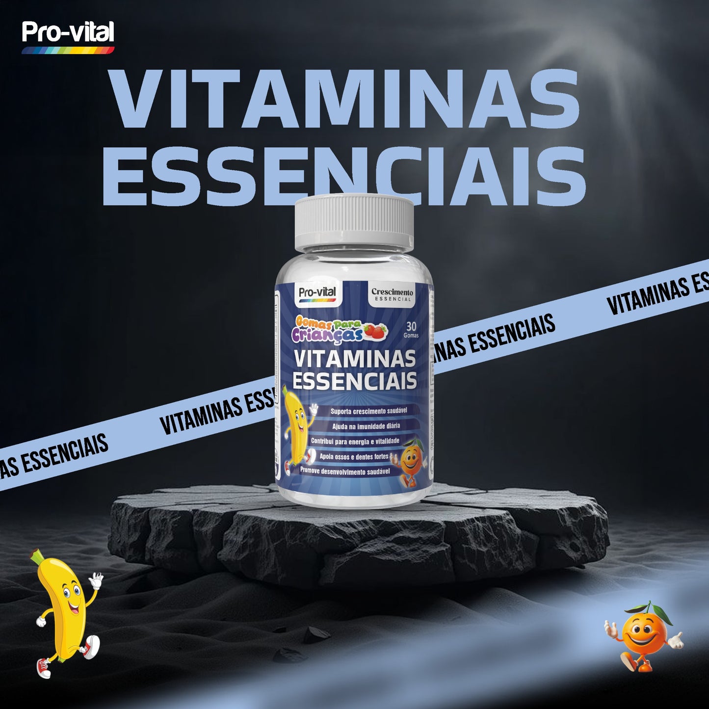 Gomas Vitaminas Essenciais Pro-Vital para crianças, suplemento multivitamínico diário com 30 gomas para suporte ao crescimento saudável.