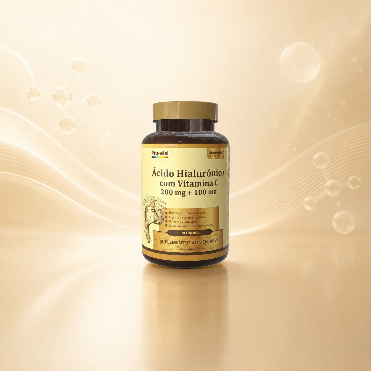 Embalagem de Ácido Hialurónico com Vitamina C da Pro-vital sobre uma superfície de madeira, promovendo a hidratação profunda da pele e o suporte ao colagénio.