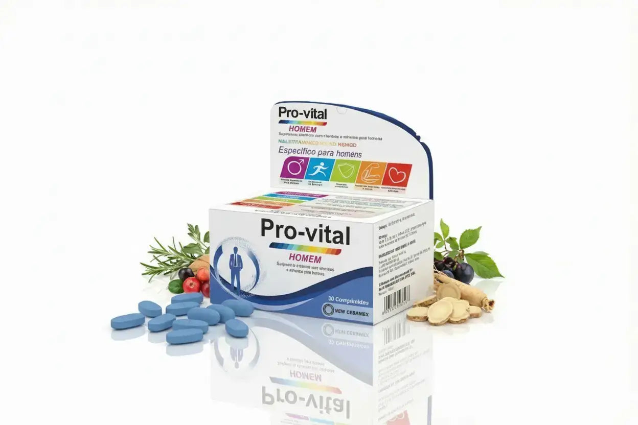 Comprimidos azuis do multivitamínico Pro-vital Homem com ingredientes naturais para vitalidade e bem-estar geral.