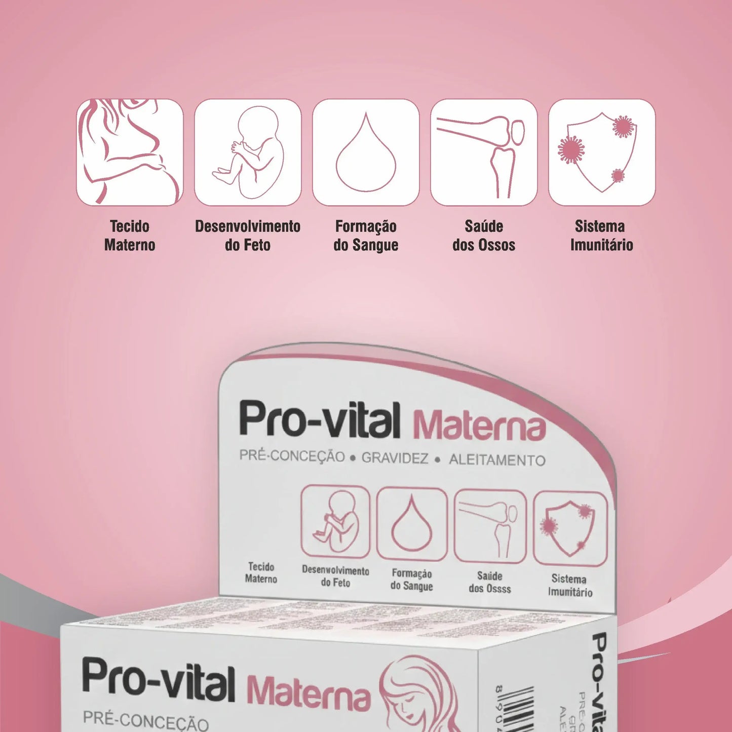 Ícones dos benefícios do Pro-vital Materna: suporte ao tecido materno, desenvolvimento do feto, formação do sangue e sistema imunitário.
