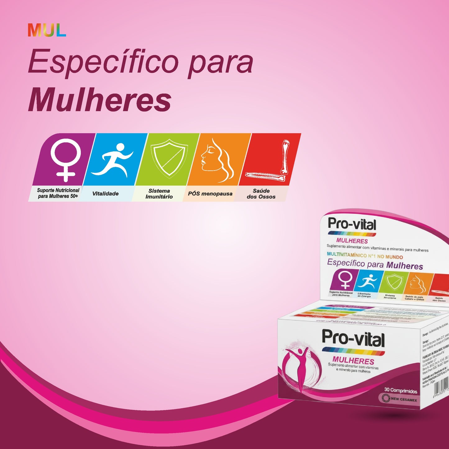 Ícones de benefícios específicos para a mulher: Suporte nutricional, vitalidade, imunidade, pós-menopausa e ossos.