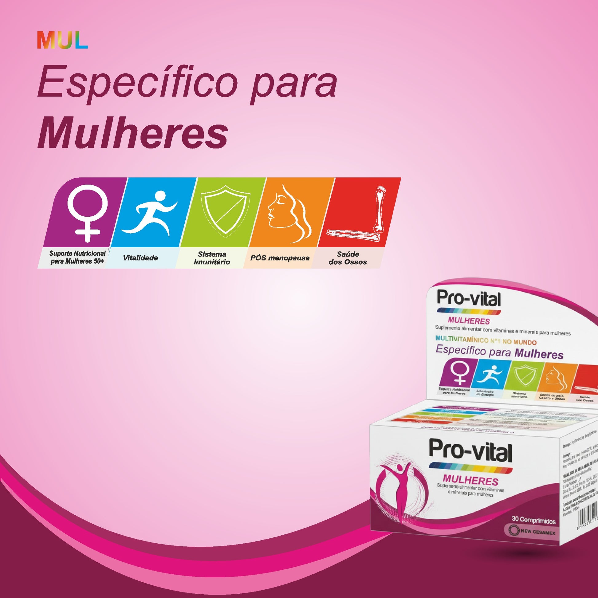 Ícones de benefícios específicos para a mulher: Suporte nutricional, vitalidade, imunidade, pós-menopausa e ossos.