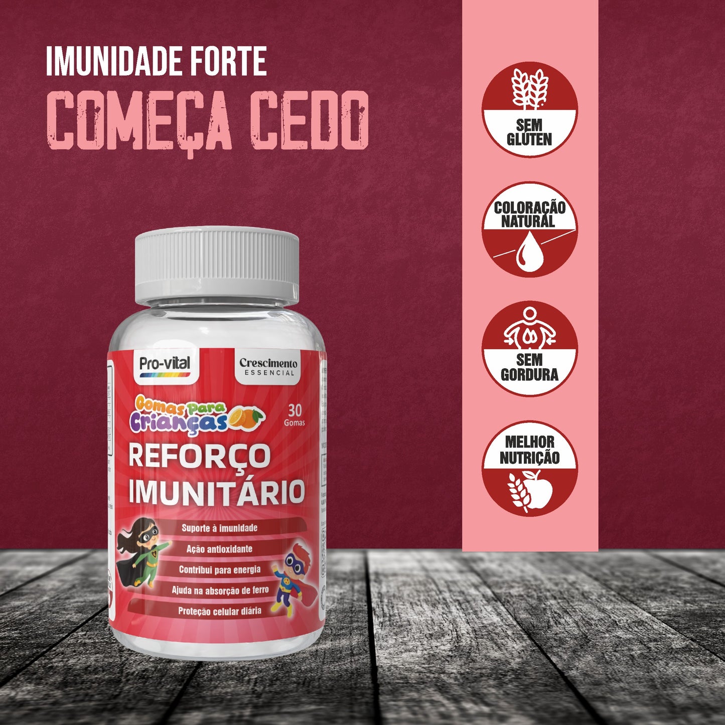 Benefícios do Reforço Imunitário: imunidade forte desde cedo, fórmula sem glúten, sem gordura e com coloração natural para melhor nutrição.