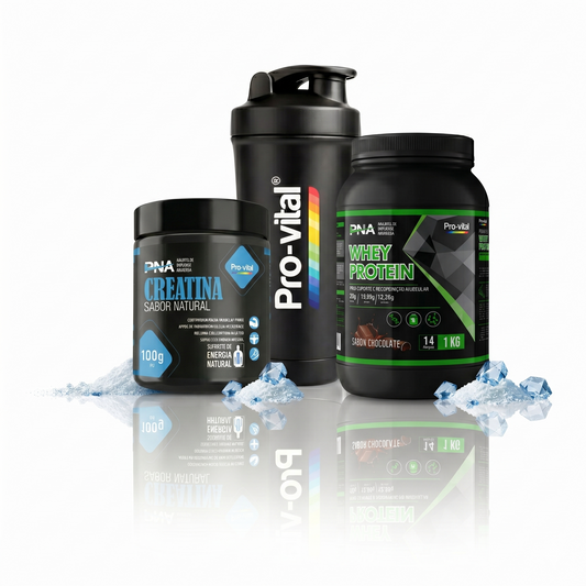 Combo de alto rendimento Pro-vital PNA com Creatina Sabor Natural 100g e Whey Protein de Chocolate 1kg, incluindo Shaker de 700ml.