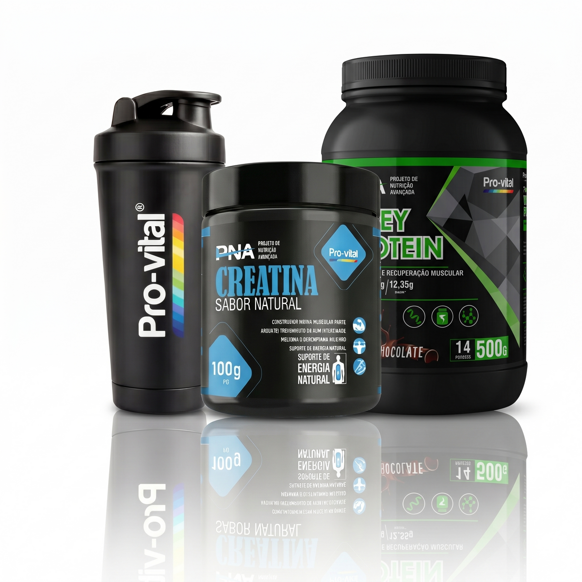 Pack Pro-vital PNA com Creatina Sabor Natural 100g, Whey Protein de Chocolate 500g e Shaker, o conjunto ideal para força e recuperação muscular.