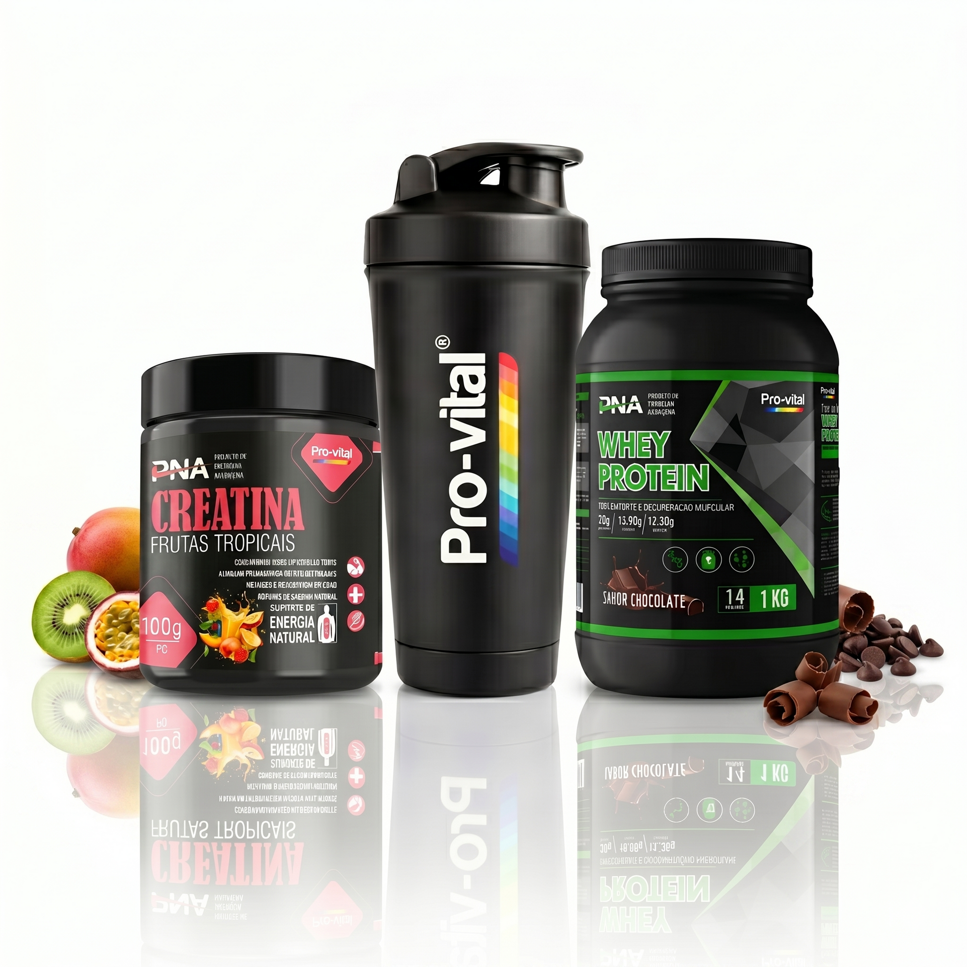 Pack profissional Pro-vital PNA com Creatina Tropical Mix 100g e Whey Protein 1kg sabor Chocolate, para suporte de energia natural e ganho de massa.