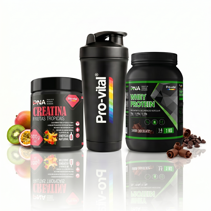 Pack profissional Pro-vital PNA com Creatina Tropical Mix 100g e Whey Protein 1kg sabor Chocolate, para suporte de energia natural e ganho de massa.