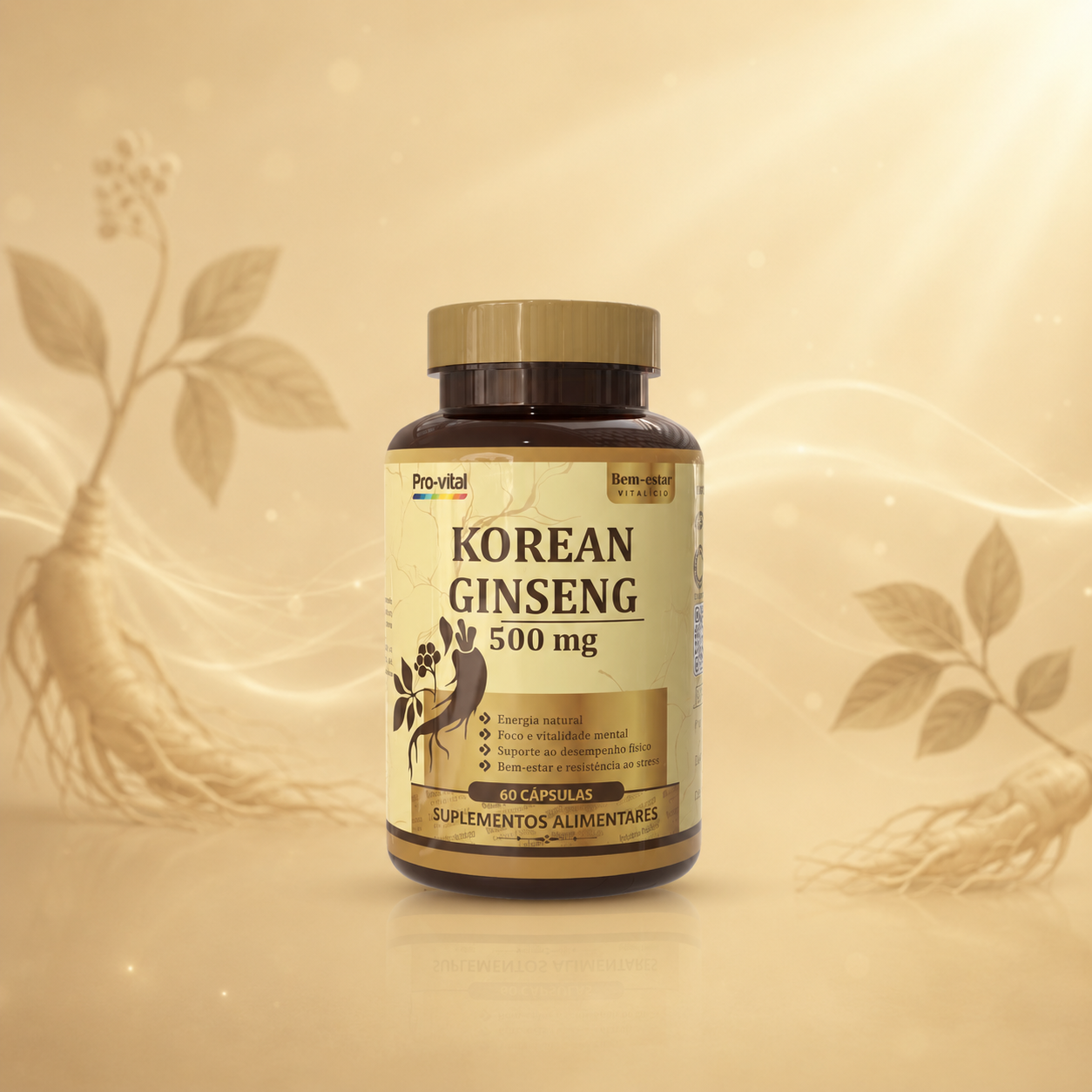 Suplemento de Ginseng Coreano 500mg Pro-vital em embalagem de 60 cápsulas, ideal para aumentar a energia natural e o foco mental.