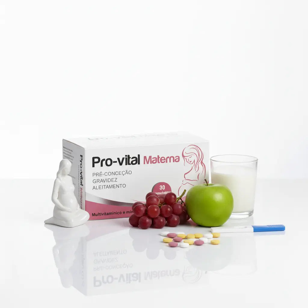 
Caixa de suplementos Pro-vital Materna com fruta e um copo sobre fundo branco.