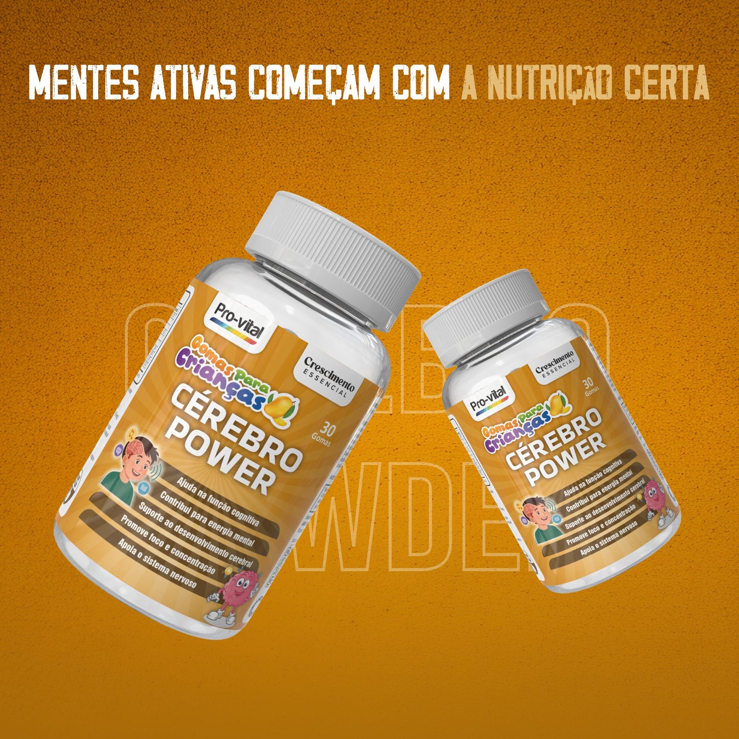 Suplemento Cérebro Power Pro-Vital promovendo mentes ativas através da nutrição certa para o aprendizado e desenvolvimento cerebral.