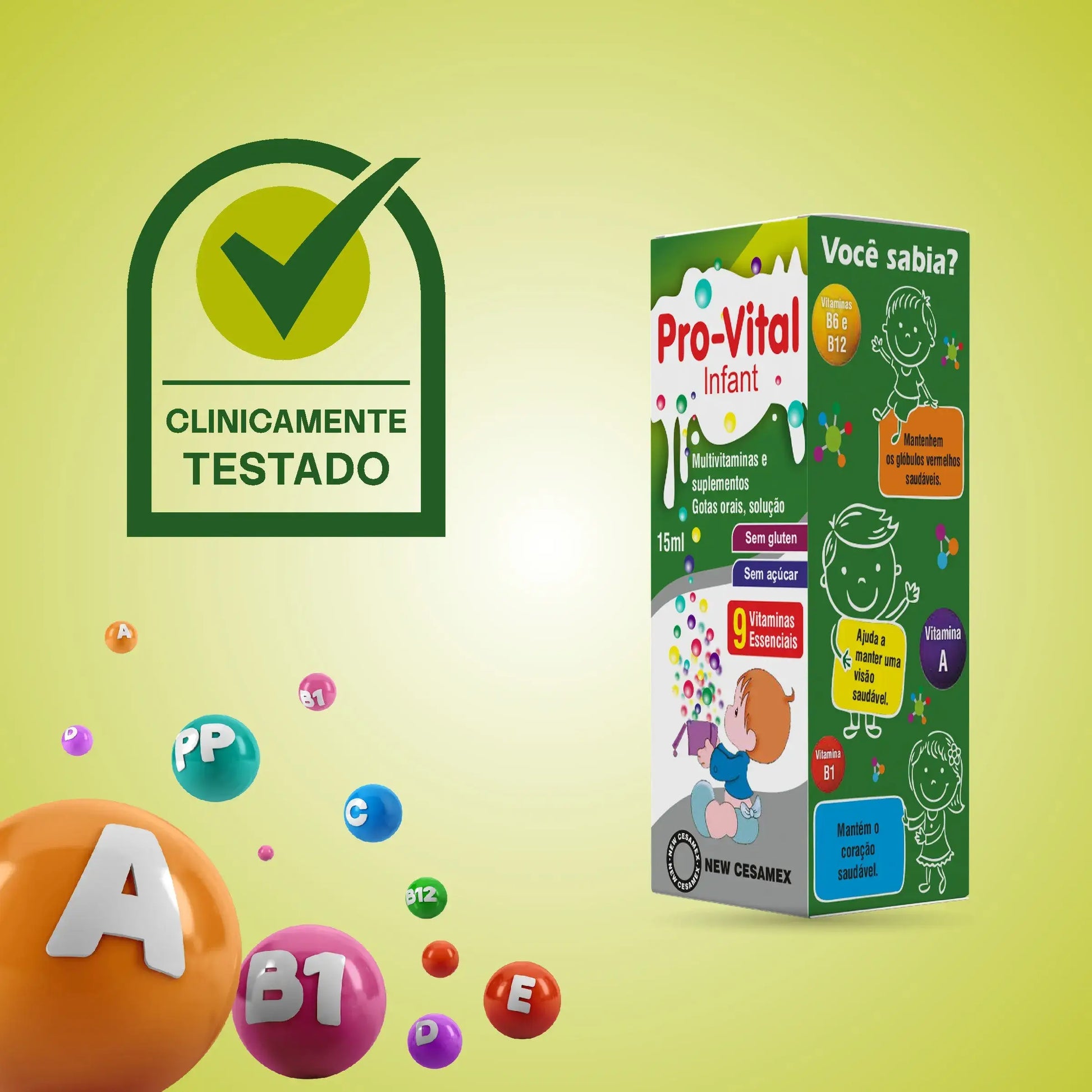 Suplemento infantil Pro-vital Infant clinicamente testado, rico em vitaminas A, B1, C e E para o desenvolvimento saudável.