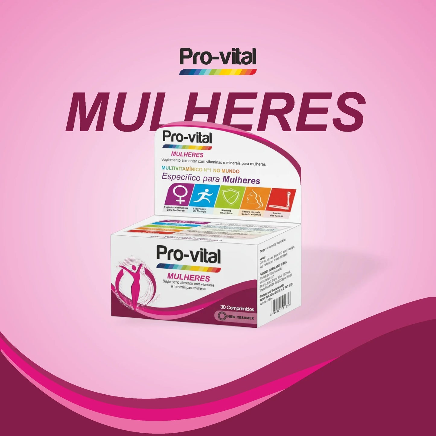 Caixa de 30 comprimidos de Pro-vital Mulheres, o multivitamínico número 1 para a saúde e bem-estar geral da mulher.