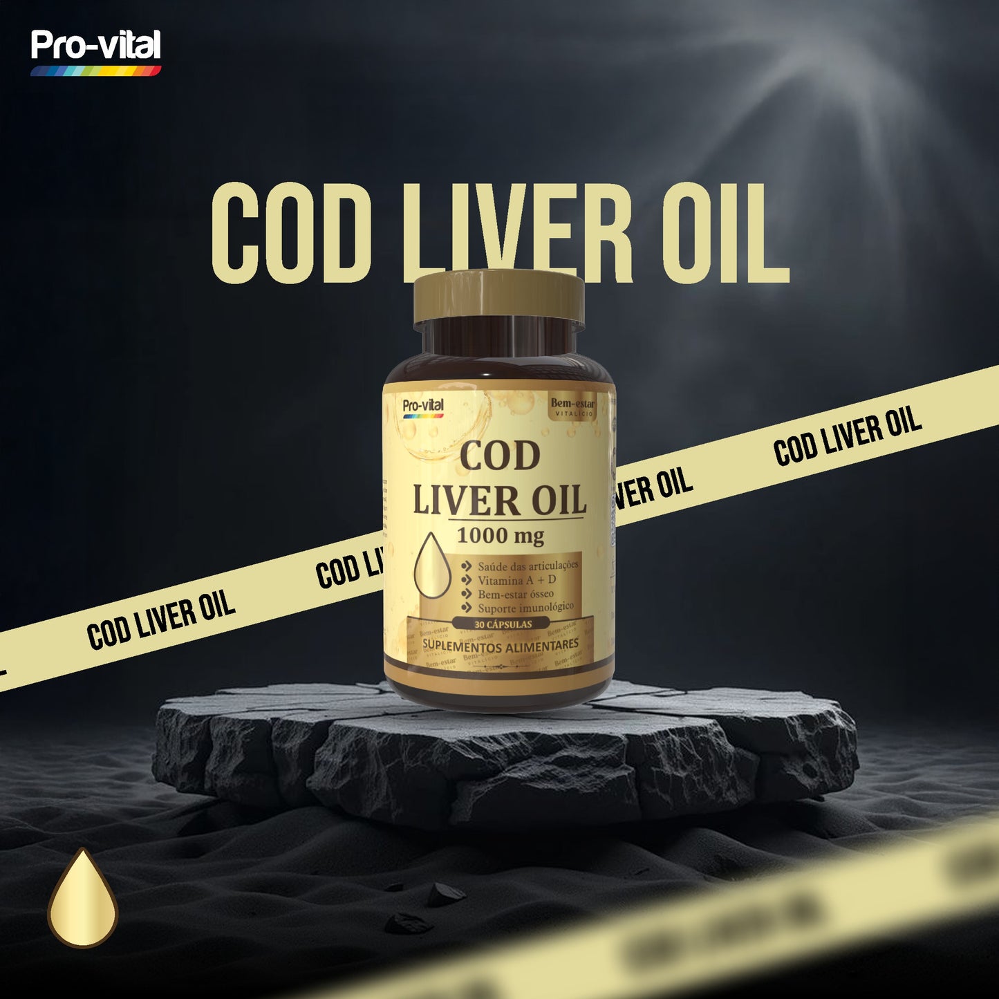 Óleo de fígado de bacalhau 1000mg Pro-vital em cápsulas, suplemento rico em Vitaminas A e D para suporte imunológico e saúde óssea.