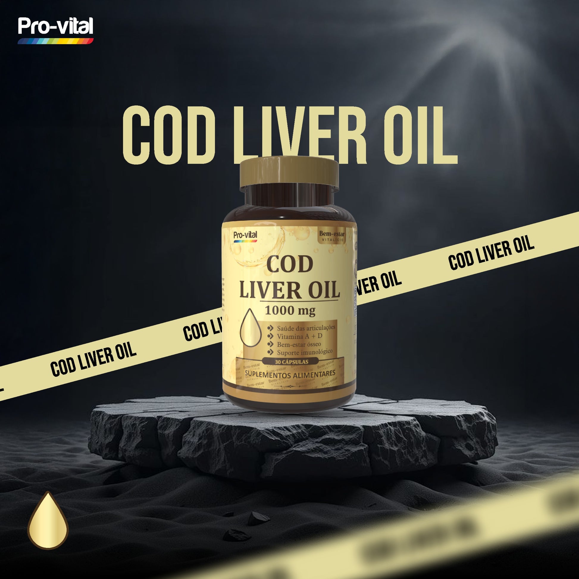 Óleo de fígado de bacalhau 1000mg Pro-vital em cápsulas, suplemento rico em Vitaminas A e D para suporte imunológico e saúde óssea.