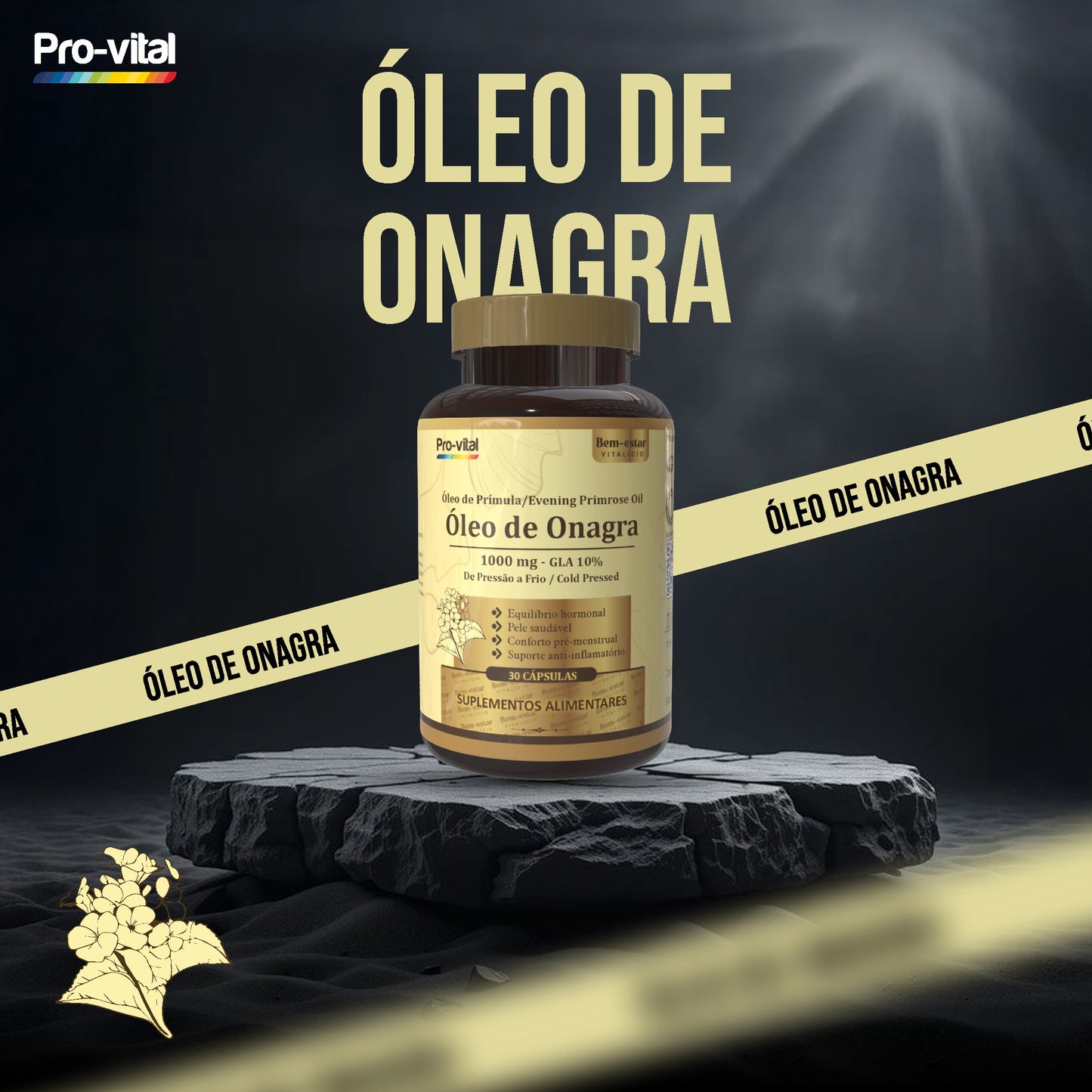 Embalagem de Óleo de Onagra 1000mg Pro-vital, suplemento alimentar de pressão a frio para equilíbrio hormonal e saúde da pele.