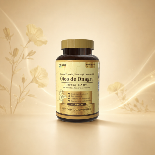 Embalagem de Óleo de Onagra 1000mg Pro-vital, suplemento alimentar de pressão a frio para equilíbrio hormonal e saúde da pele.