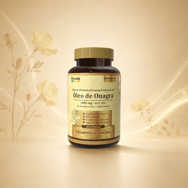 Embalagem de Óleo de Onagra 1000mg Pro-vital, suplemento alimentar de pressão a frio para equilíbrio hormonal e saúde da pele.