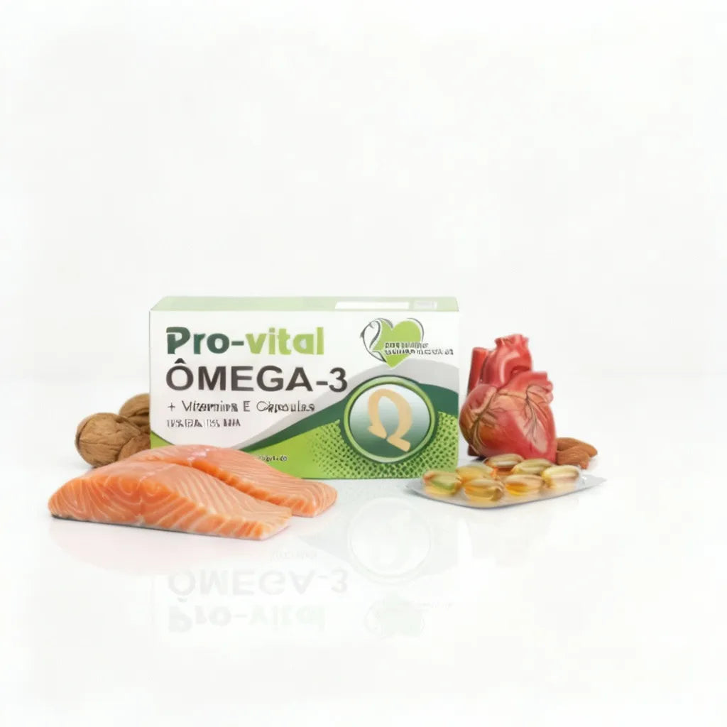 Suplemento de óleo de peixe Ómega-3 Pro-vital com salmão e Vitamina E, ideal para o controlo do colesterol e proteção das células.