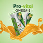 Embalagem de Pro-Vital Omega-3 com splash de líquido laranja, destacando o sabor a fruta agradável e fácil de tomar.