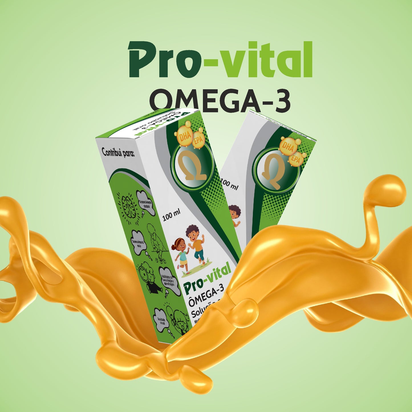 Embalagem de Pro-Vital Omega-3 com splash de líquido laranja, destacando o sabor a fruta agradável e fácil de tomar.