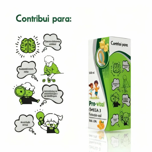 Embalagem de Ómega-3 Pro-vital (100ml), solução oral multivitamínica para habilidades de aprendizagem e visão.