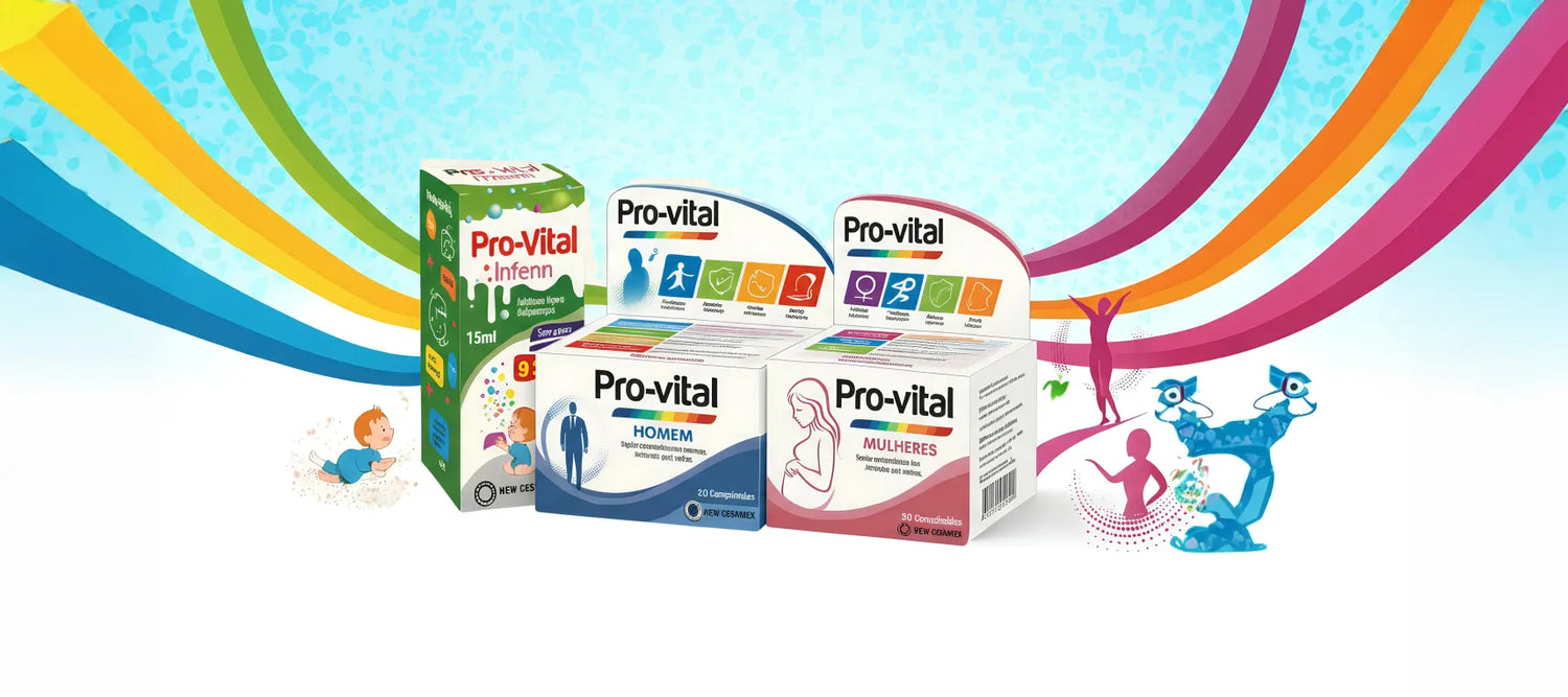 Pro-Vital product packaging with colorful ribbons on a blue background