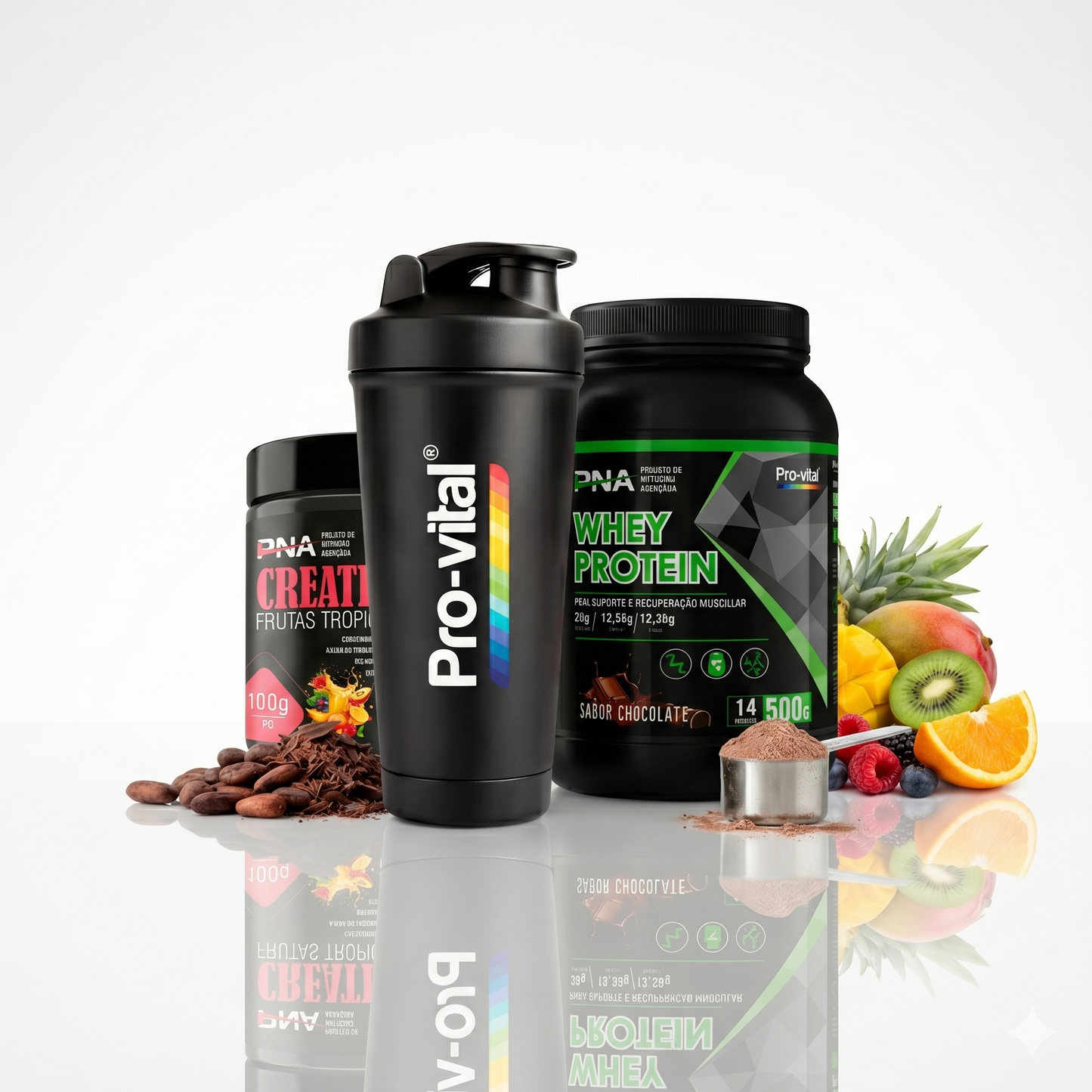 Kit Pro-vital PNA incluindo Creatina sabor Tropical Mix 100g, Whey Protein de Chocolate 500g e Shaker, combinando sabor exótico e performance.