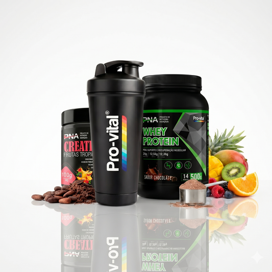 Kit Pro-vital PNA incluindo Creatina sabor Tropical Mix 100g, Whey Protein de Chocolate 500g e Shaker, combinando sabor exótico e performance.