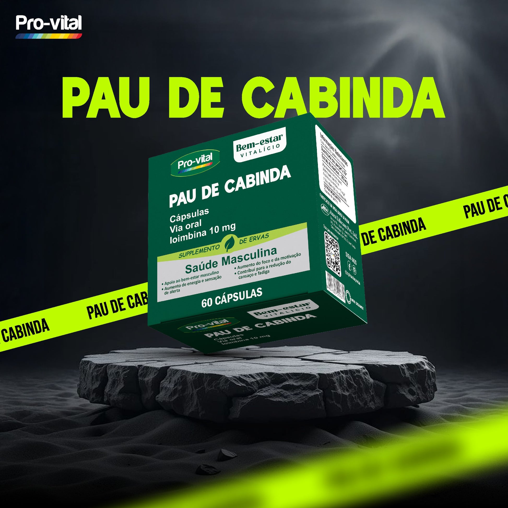 Cápsulas de Pau de Cabinda Pro-Vital para saúde masculina e vitalidade, embalagem de 60 cápsulas com 10mg de ioimbina.