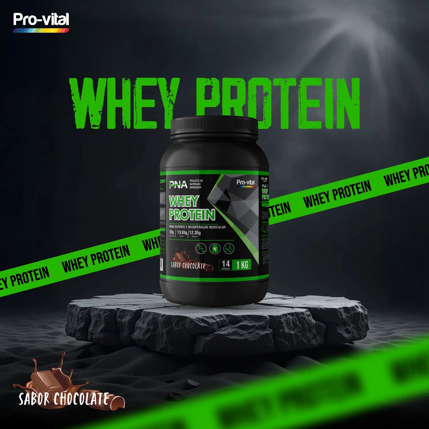 Suplemento Whey Protein Pro-vital sabor chocolate sobre base de rocha, proteína de alta qualidade para treinos intensos.