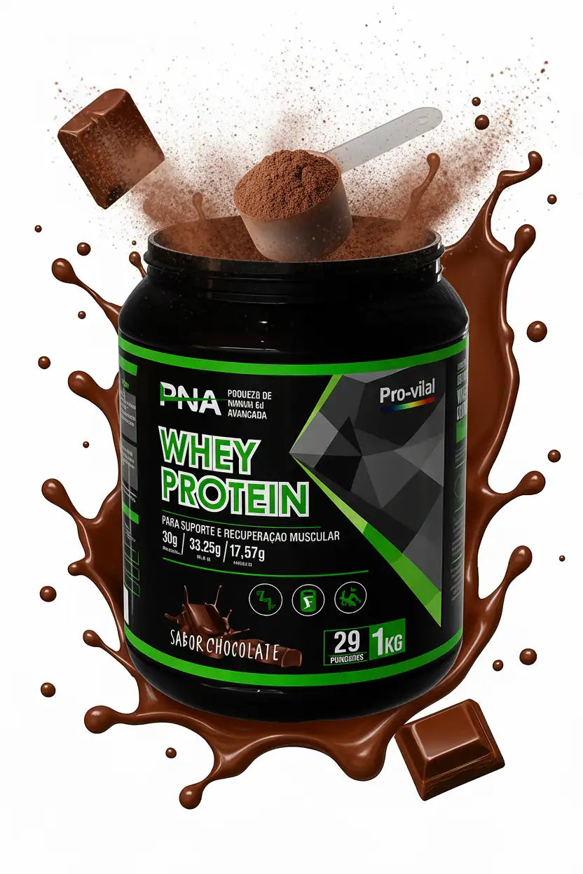 Whey Protein sabor chocolate da Pro-vital com gráfico de explosão de chocolate e scoop, energia e proteína pura.