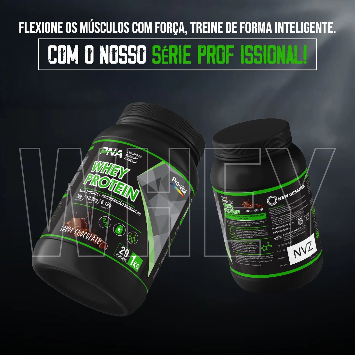 Vista frontal e traseira do Whey Protein Pro-vital Série Profissional, ideal para atletas de alto rendimento.