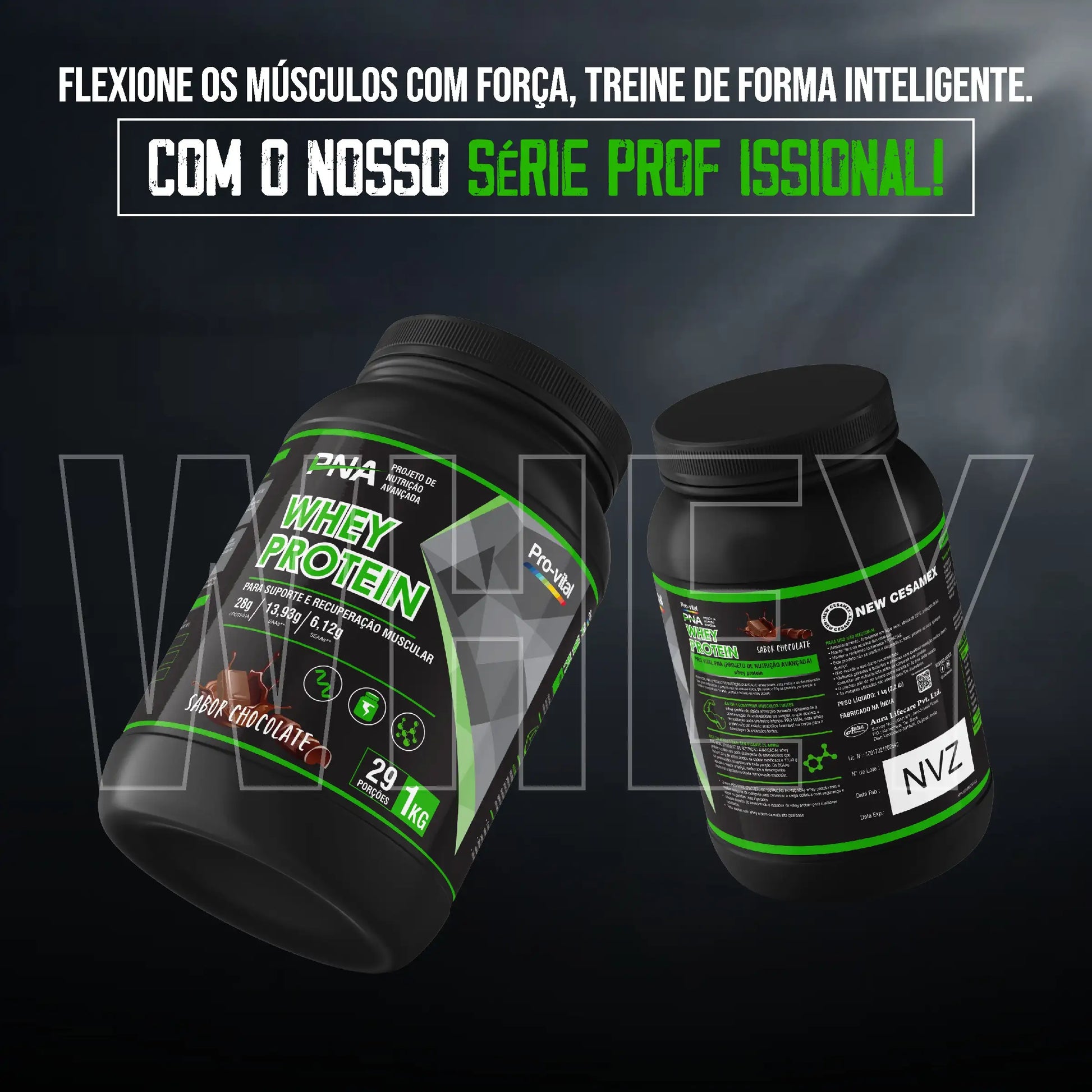 Vista frontal e traseira do Whey Protein Pro-vital Série Profissional, ideal para atletas de alto rendimento.