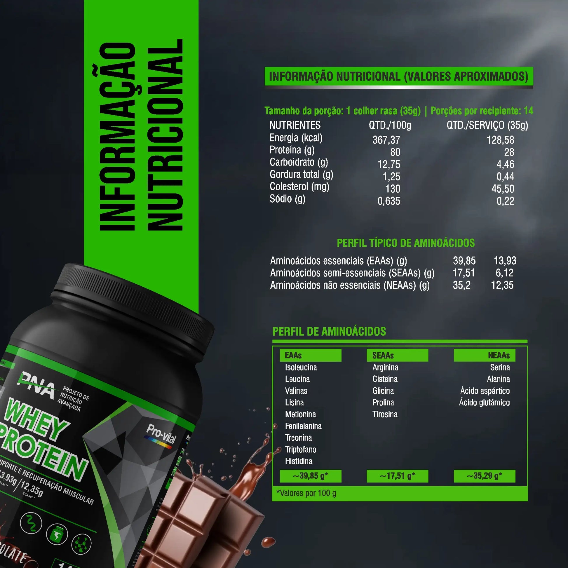 Tabela nutricional do Whey Protein Pro-vital com 28g de proteína por dose e perfil completo de aminoácidos.