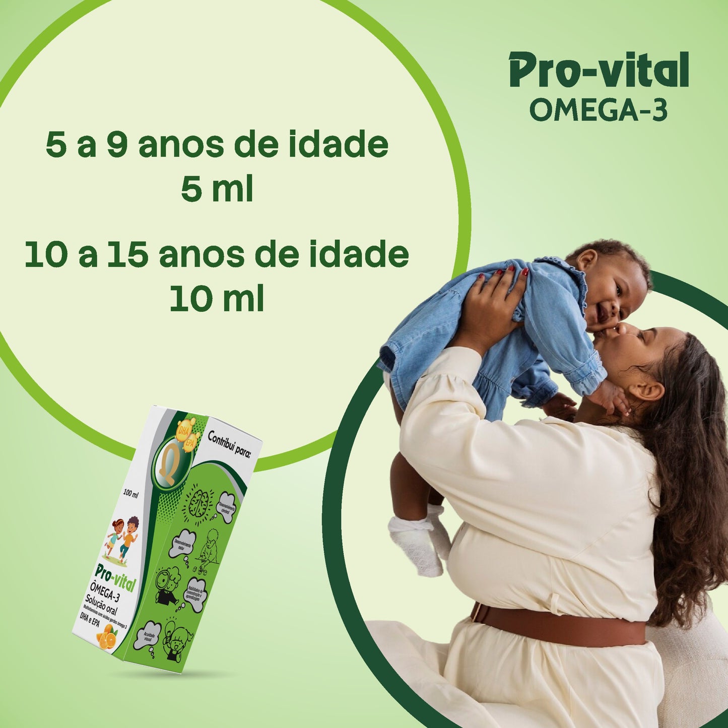 Mãe a levantar o filho. Guia de dosagem de Omega-3 líquido para crianças e adolescentes.