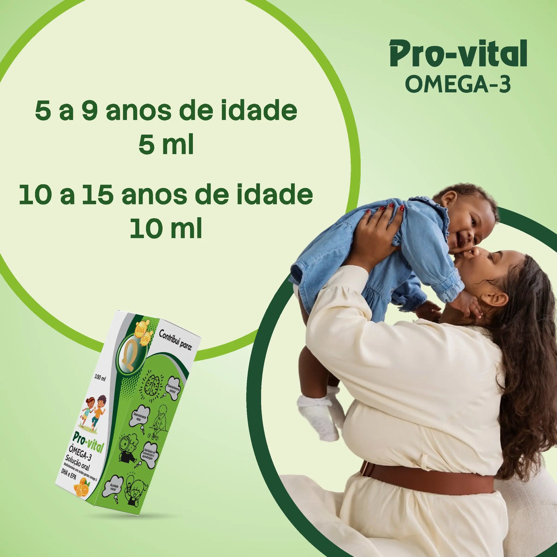 Guia de posologia e dosagem do Ómega-3 Pro-vital para crianças e adolescentes dos 5 aos 15 anos em Angola.