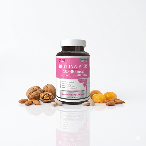 Pote de Biotina Plus Pro-vital de alta dosagem com Ácido Fólico sobre fundo branco com nozes e amêndoas, suplemento para cabelo forte e unhas saudáveis.