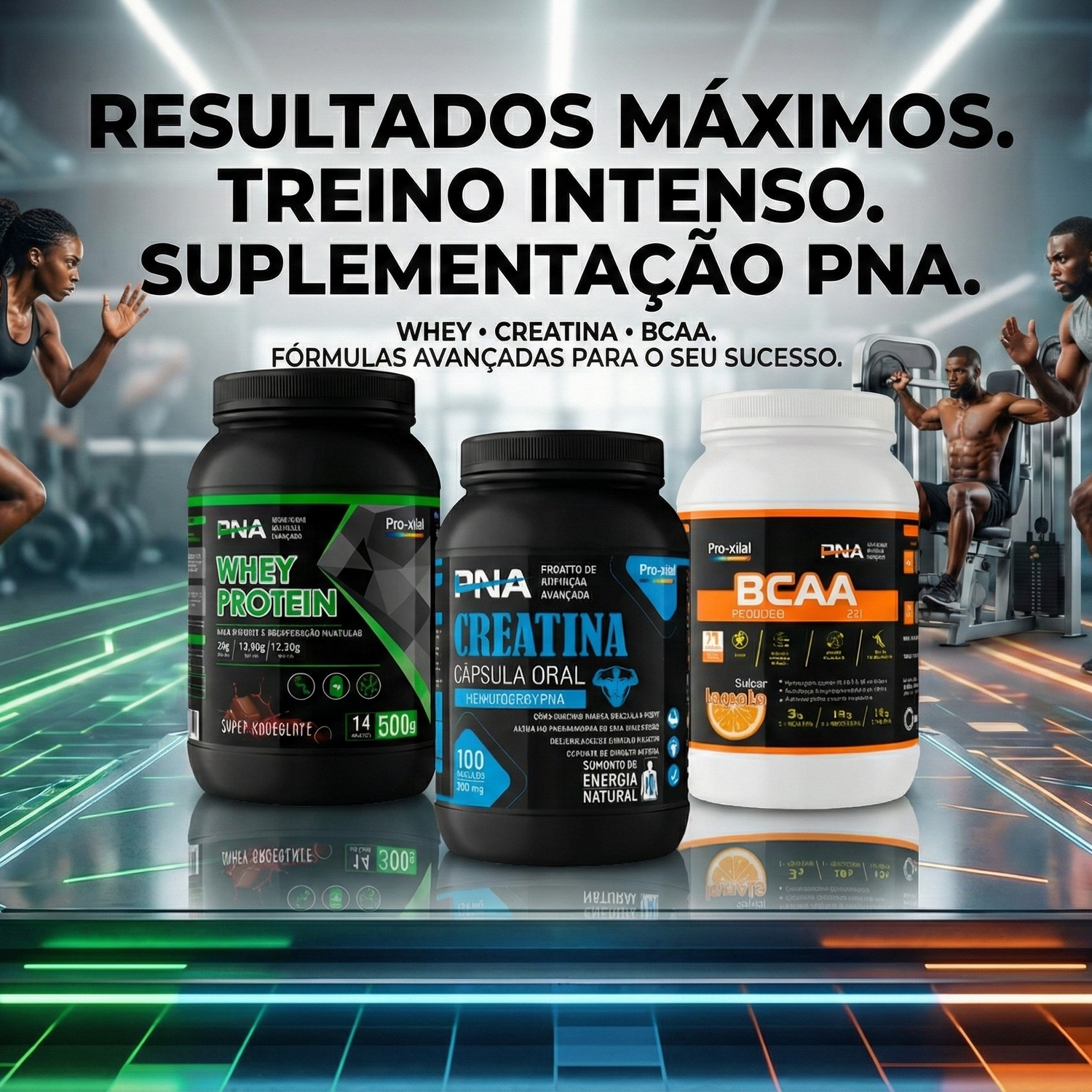 Banner Pro-vital PNA com Whey Protein, Creatina e BCAA em cenário de ginásio futurista com atletas, promovendo fórmulas avançadas para resultados máximos.
