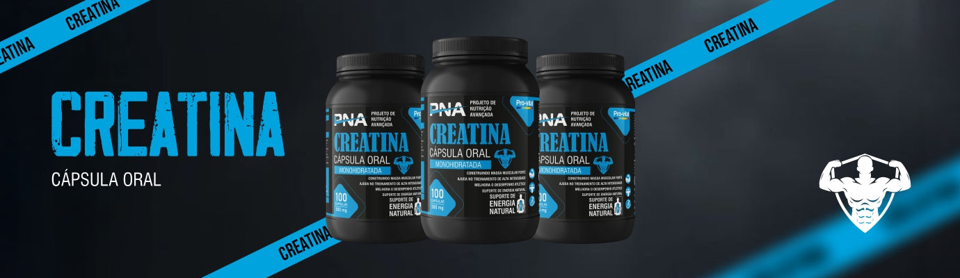 Banner Pro-vital com três frascos de Creatina Monohidratada em cápsulas, design horizontal com fitas azuis e logótipo de fitness para ganho de força.