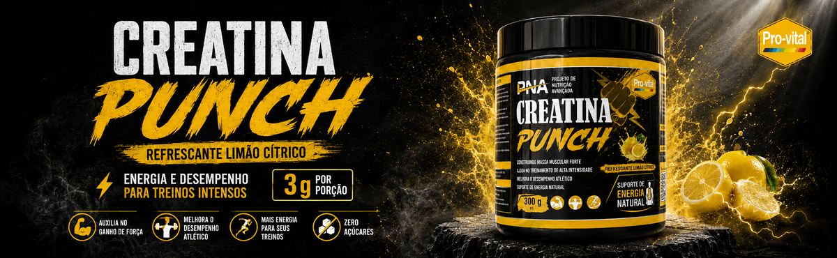 Pro-Vital Creatina Punch 300 g sabor limão cítrico com 3 g de creatina por porção para apoiar força, energia e desempenho no treino