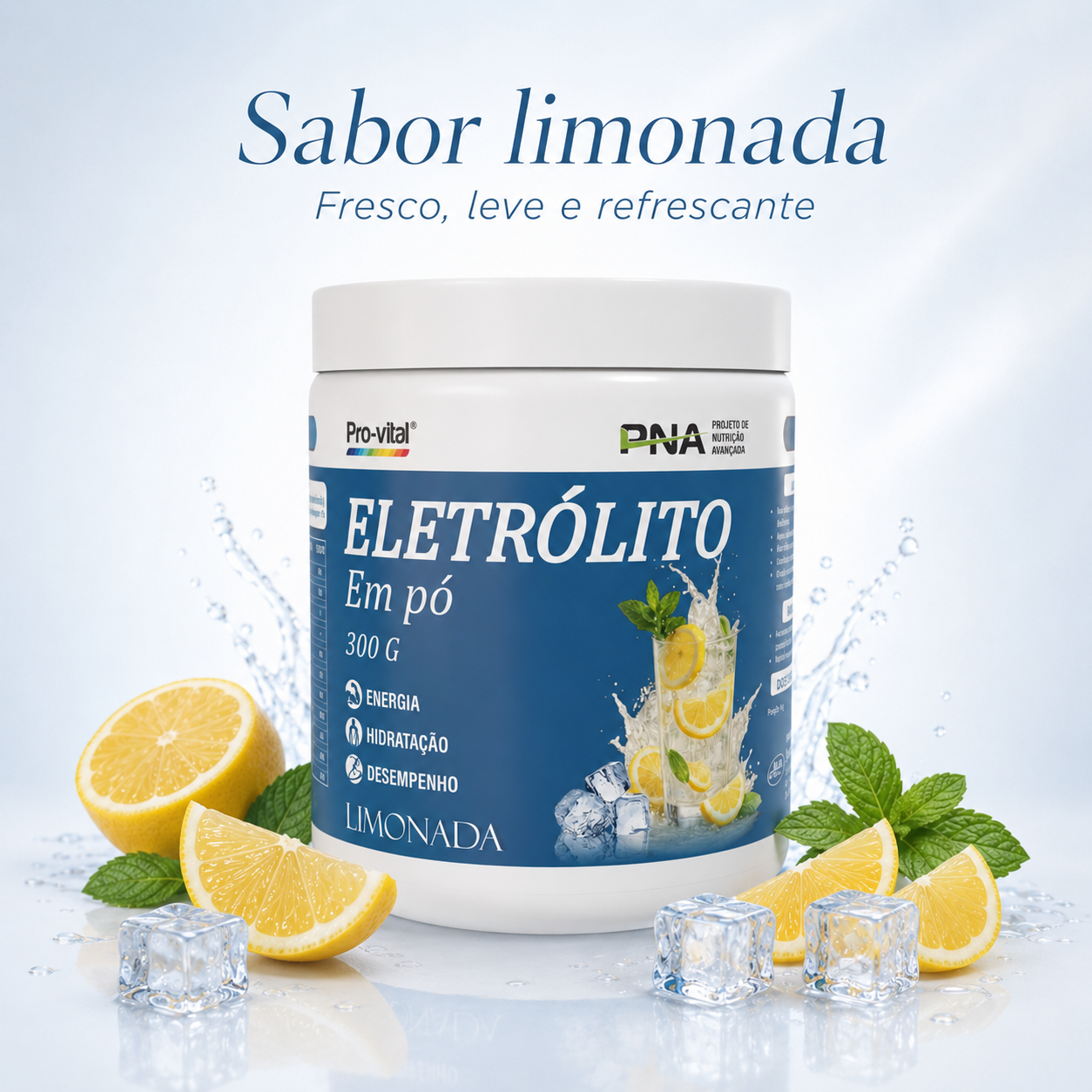 Pro-Vital PNA Eletrólito em pó sabor limonada com limão fresco, gelo e folhas de hortelã
