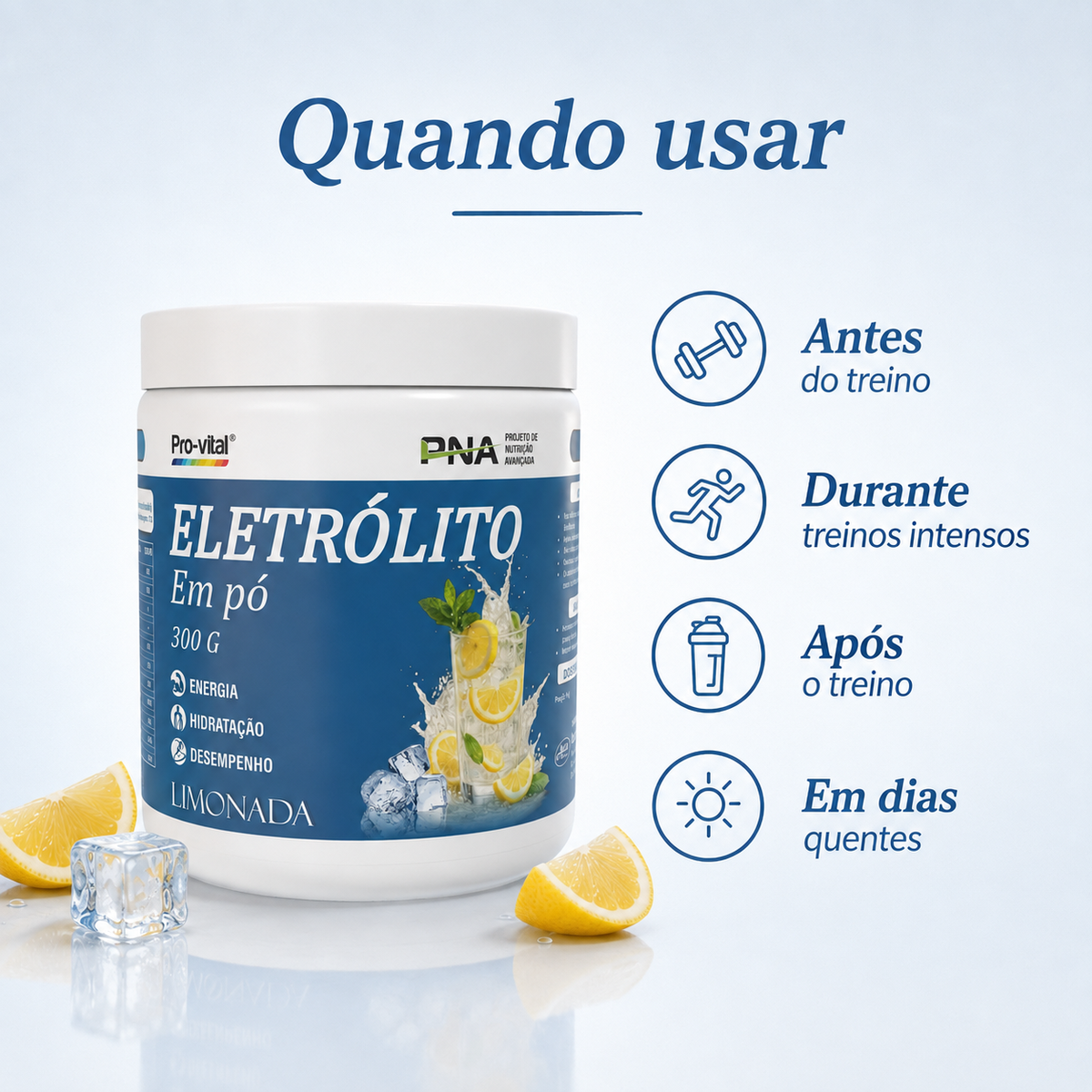 Pro-Vital Eletrólito em pó para utilizar antes, durante e após o treino e em dias quentes