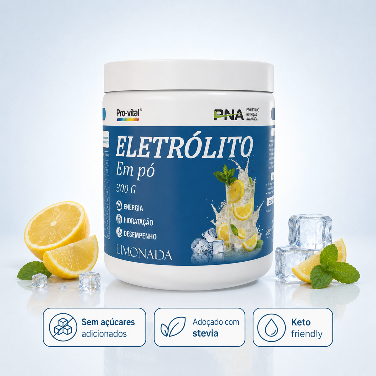 Pro-Vital Eletrólito em pó 300 g sem açúcares adicionados, adoçado com stevia e keto friendly