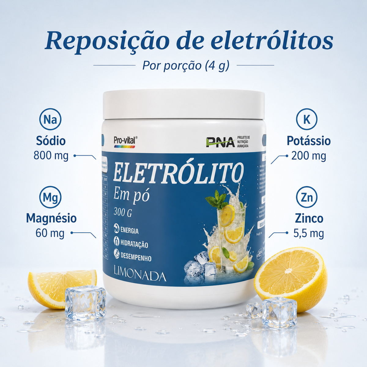 Pro-Vital Eletrólito em pó 300 g com sódio, potássio, magnésio e zinco por porção